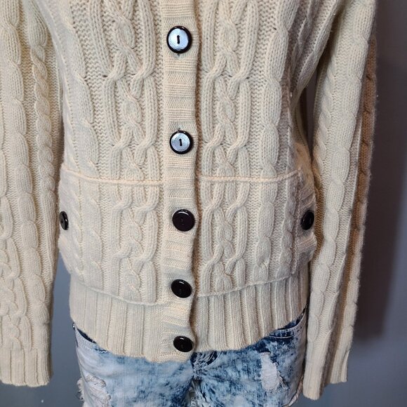 Vtg GAP Sweater Womens Medium Cable Knit Wool Faux Fur Hood Cardigan Chunky Y2K - Picture 10 of 15